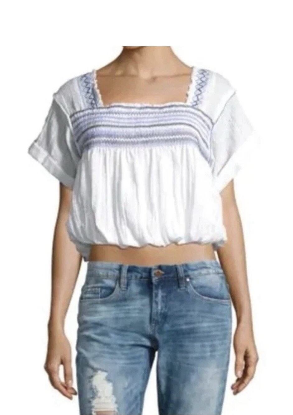 Free People Wandering Skies Crop Top White Blue Embroidered Smocked Size M
